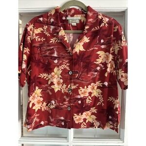 Tommy Bahama Women's Small Red Silk Blouse Hawaiian Floral Button Up Pearl